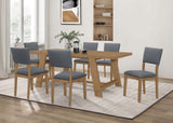 Grey upholstered dining arm chair with wooden frame