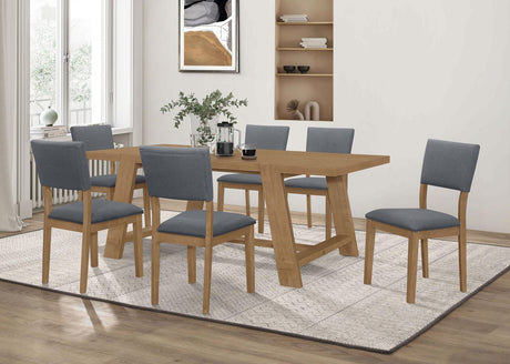 Grey upholstered dining arm chair with wooden frame