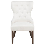 Back view of Baney cream upholstered dining side chair with wooden legs