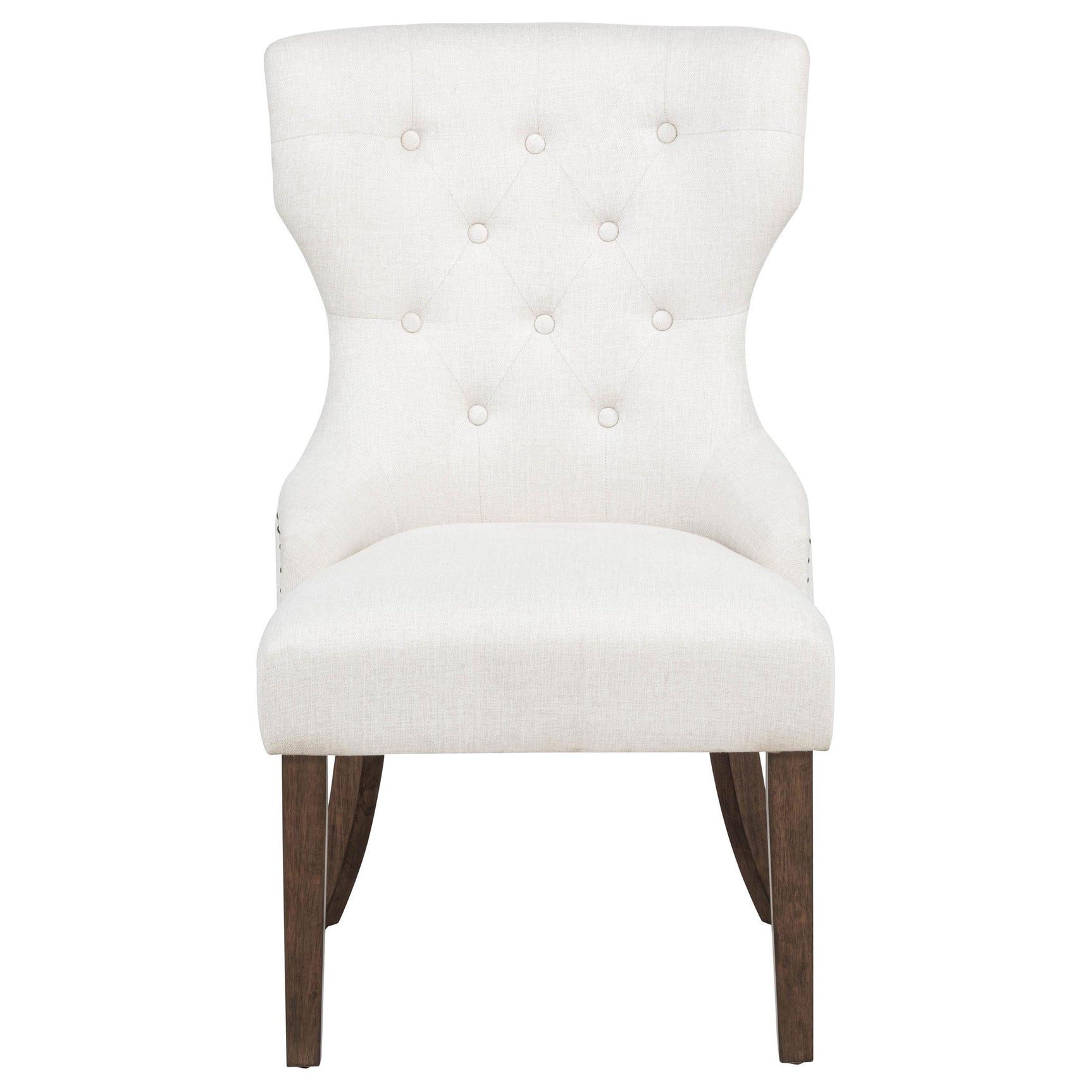 Back view of Baney cream upholstered dining side chair with wooden legs
