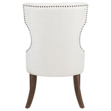 Baney cream fabric upholstered dining side chair with wingback and dark oak legs frontal view