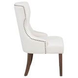 Baney cream fabric upholstered dining side chair with wingback and dark oak legs frontal view