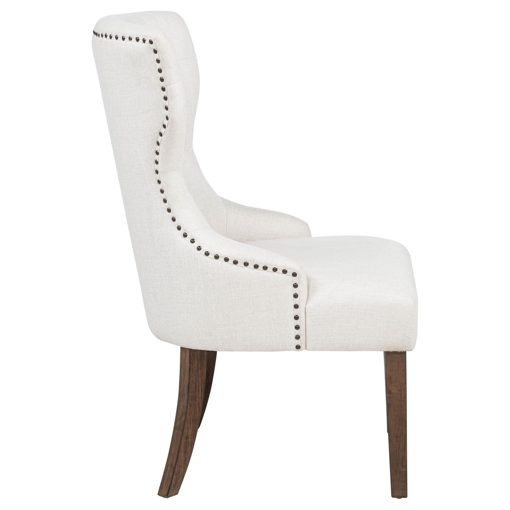 Baney cream fabric upholstered dining side chair with wingback and dark oak legs frontal view