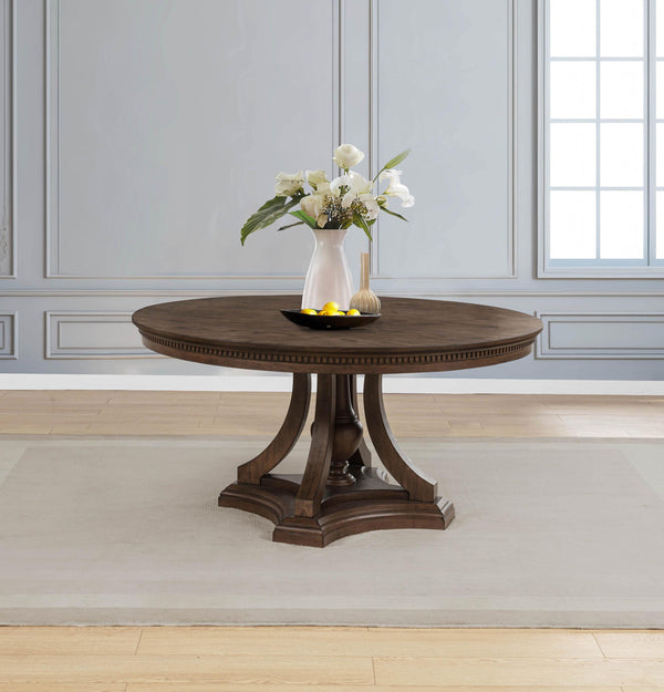 Ridgewell round pedestal dining table dark oak, close-up of pedestal base