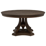 Ridgewell round pedestal dining table dark oak, top view showing oak veneer surface