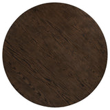 Ridgewell round pedestal dining table dark oak, angled side view