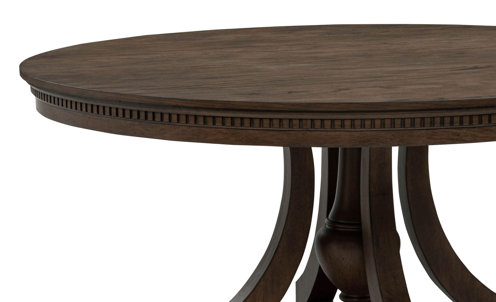 Ridgewell round pedestal dining table dark oak, detail of dentil trim and stepped foundation
