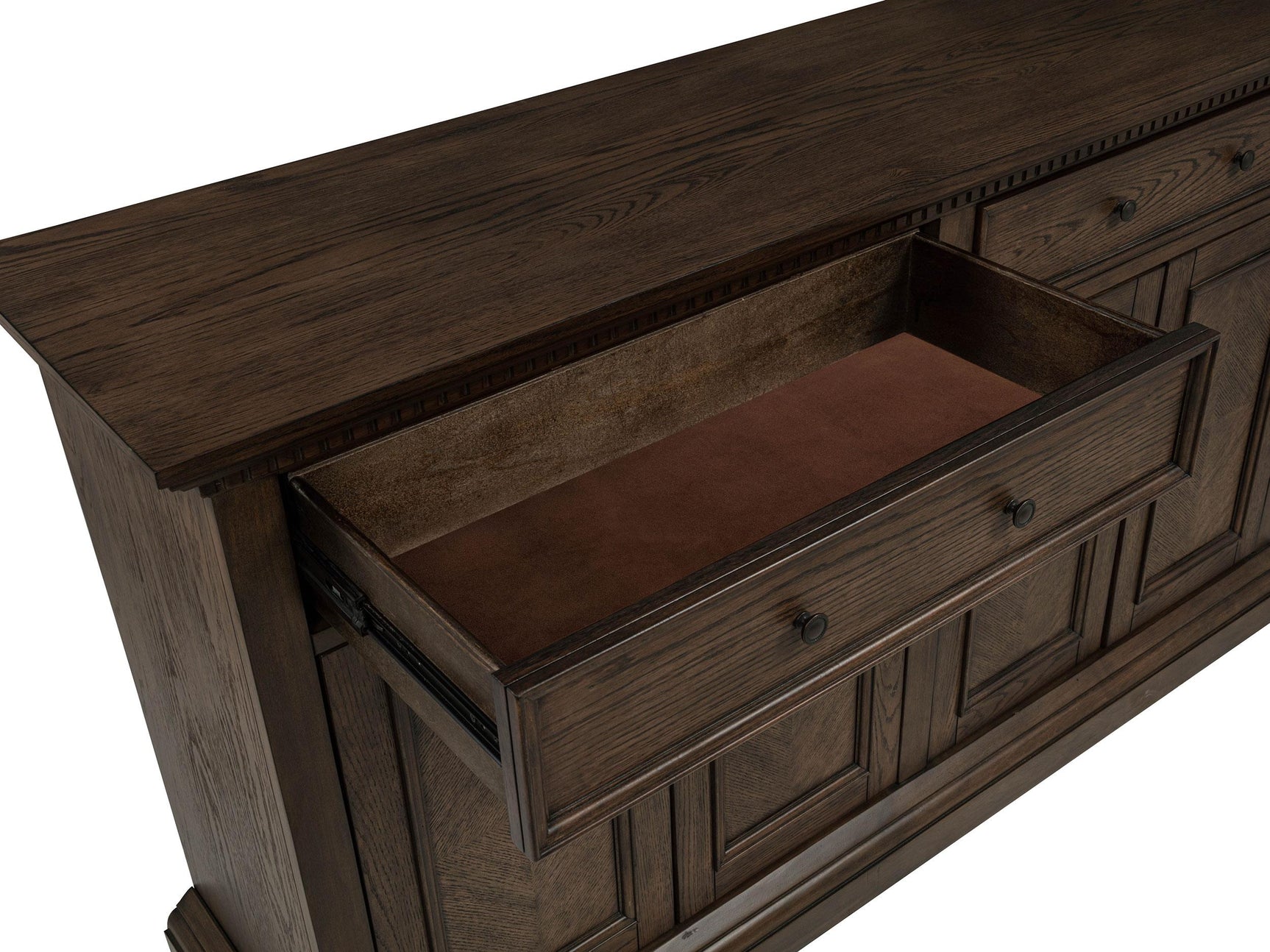 Close-up of oak veneer grain on Ridgewell server