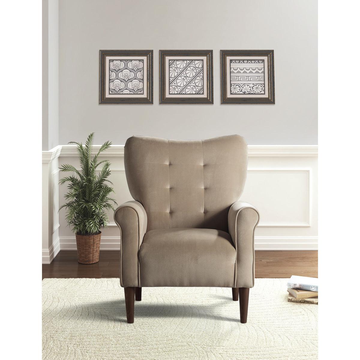 Brown velvet accent chair with armrest detail