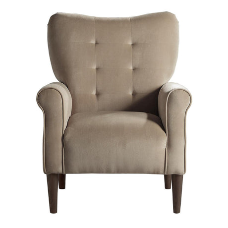 Brown velvet tufted accent chair front view
