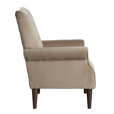 Brown velvet tufted accent chair angled view