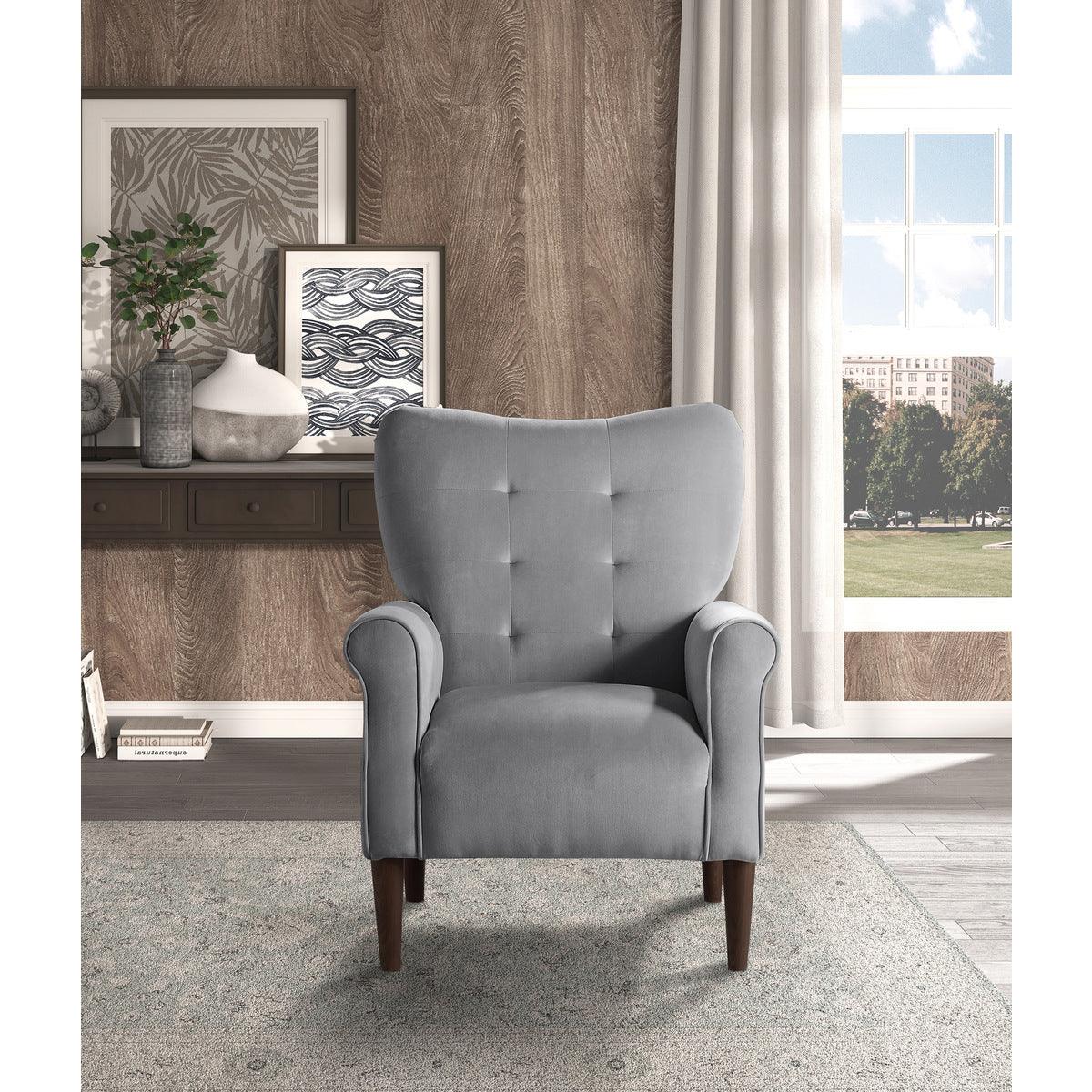 Kyrie Dark Grey Velvet Tufted Accent Chair rear angle