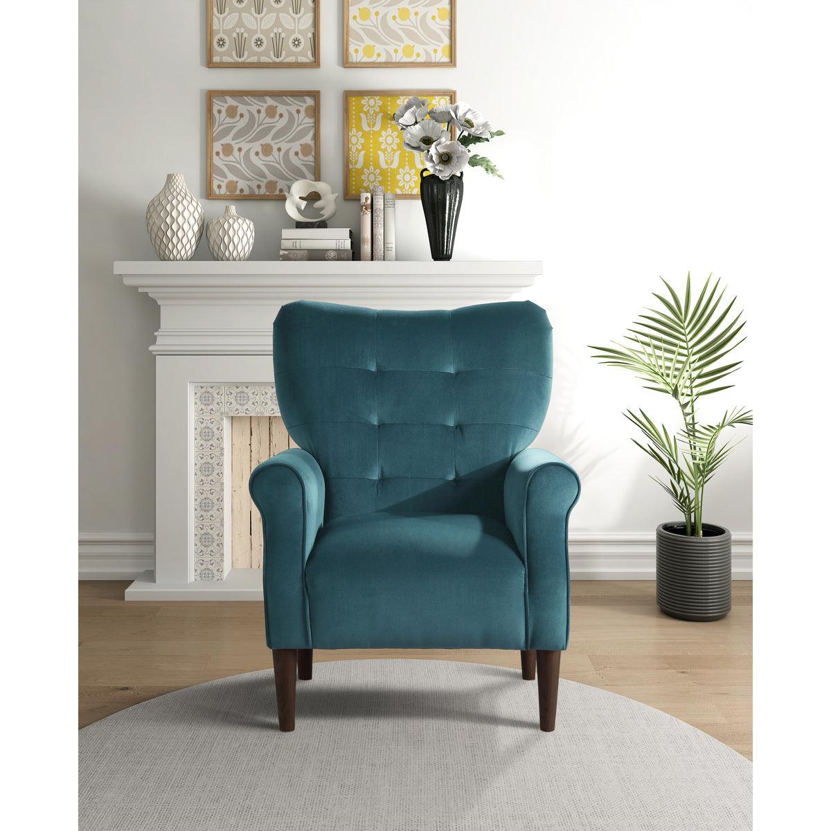 Kyrie teal accent chair wooden legs view
