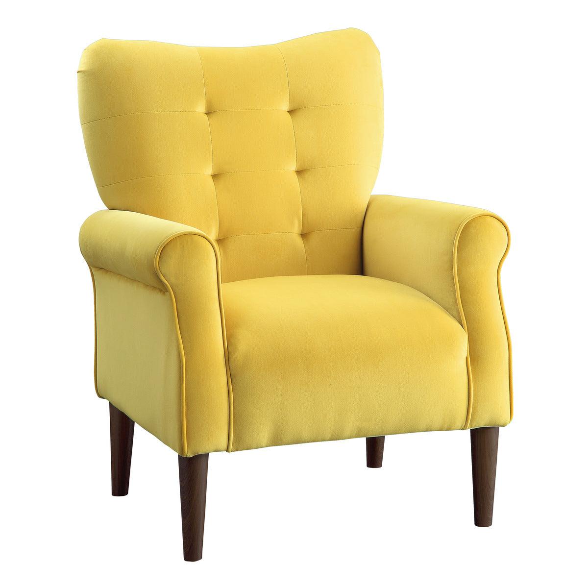 Kyrie Yellow Velvet Tufted Upholstered Accent Chair angled side view