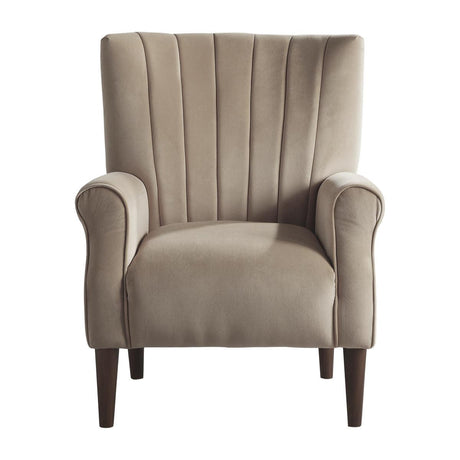 Front view of Urielle brown velvet upholstered accent chair with tufted back