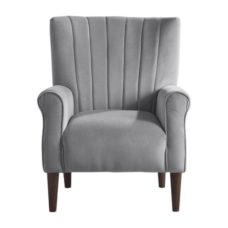Urielle Dark Gray Velvet Upholstered Accent Chair angled front view