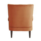 Urielle Orange Velvet Upholstered Accent Chair, angled view highlighting wood legs
