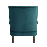 Rear angle of Urielle teal velvet accent chair showing solid wood frame