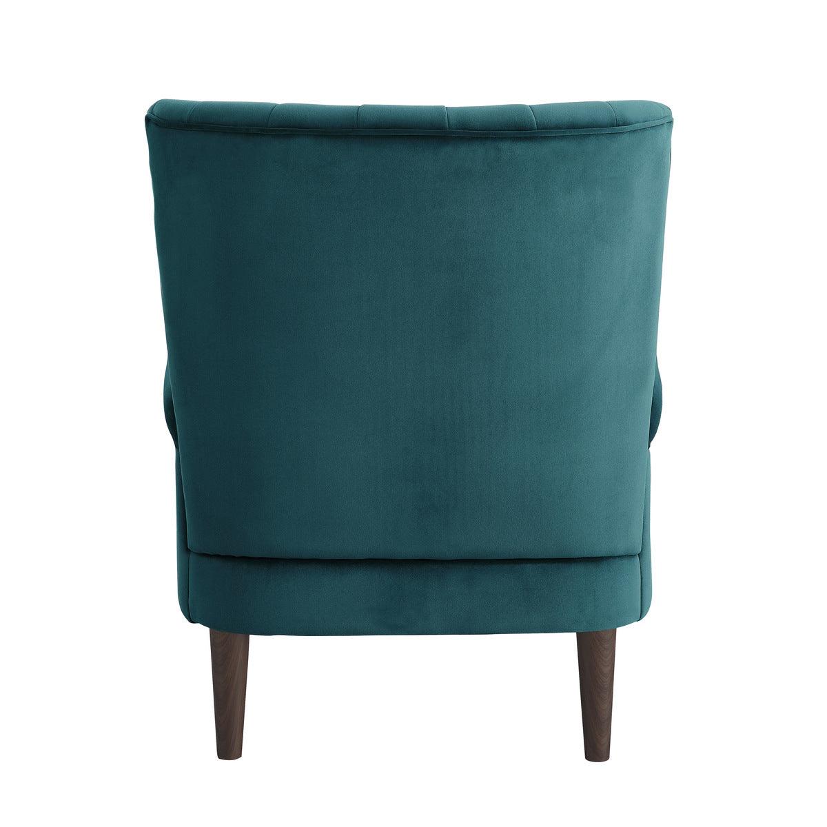 Rear angle of Urielle teal velvet accent chair showing solid wood frame