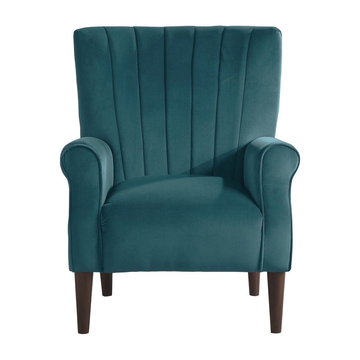 Urielle teal velvet accent chair front view showing tufted back and arms
