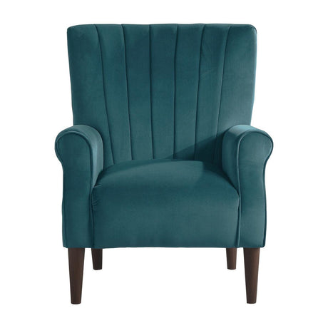 Urielle teal velvet accent chair front view showing tufted back and arms