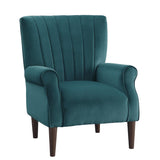 Side view of Urielle teal velvet upholstered accent chair with dark wood legs
