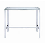 Tolbert bar table showing tempered glass thickness and chrome legs