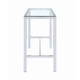 Tolbert bar table close-up of chrome frame and glass top surface
