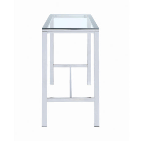 Tolbert bar table close-up of chrome frame and glass top surface