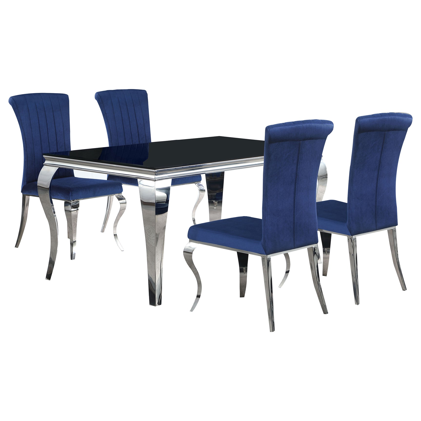 Dining room setting with Carone Blue 61-inch rectangular glass table and chairs