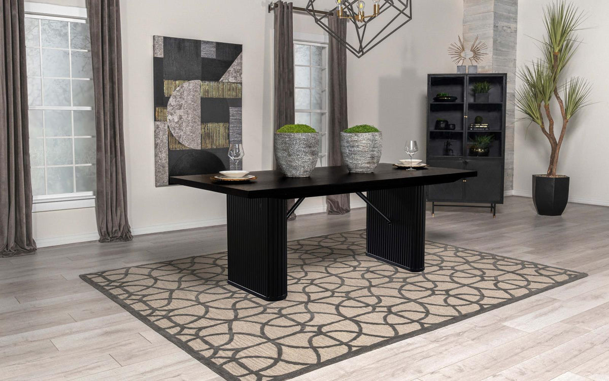 Catherine dining table side view in black oak veneer