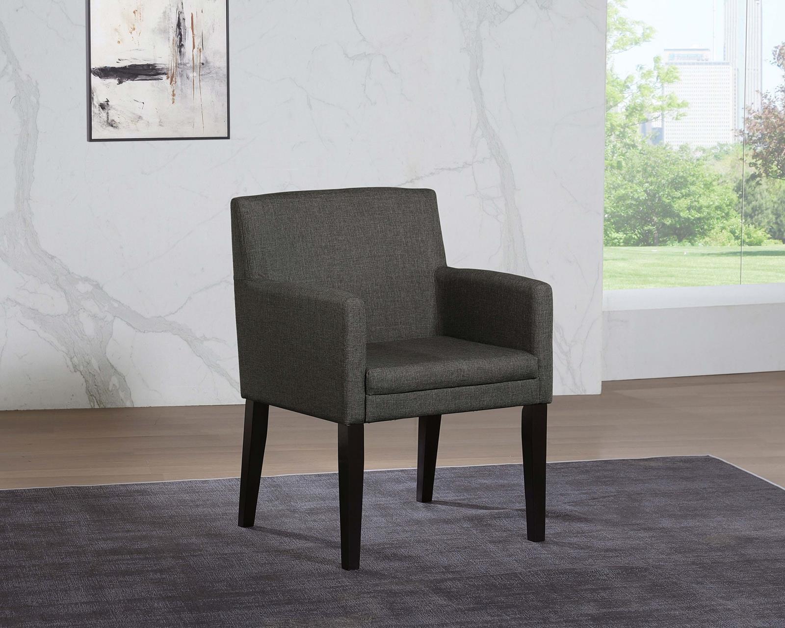 Grey upholstered dining arm chair with wooden frame