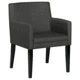 Grey upholstered dining arm chair with wooden frame