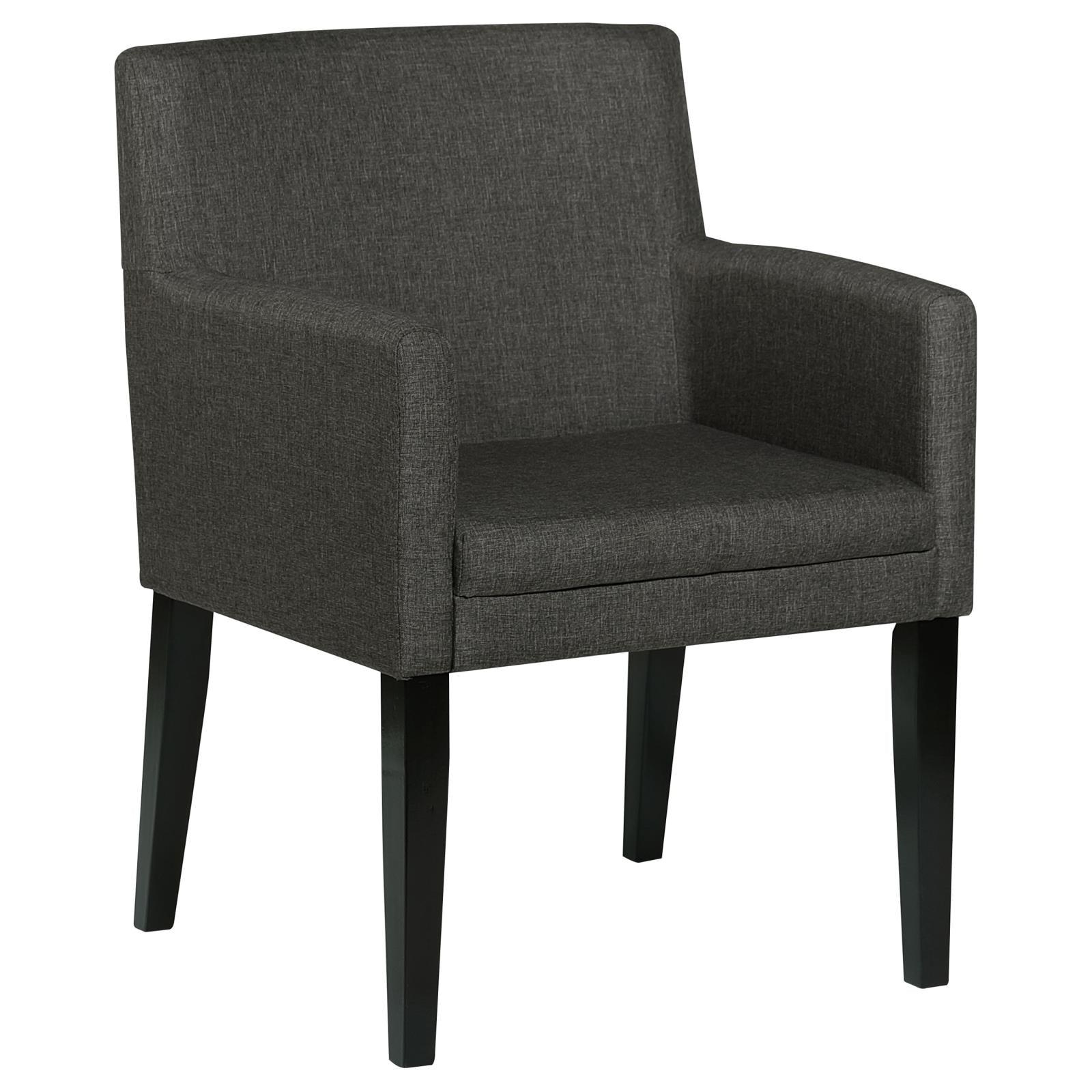 Grey upholstered dining arm chair with wooden frame