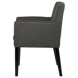 Grey upholstered dining arm chair with wooden frame