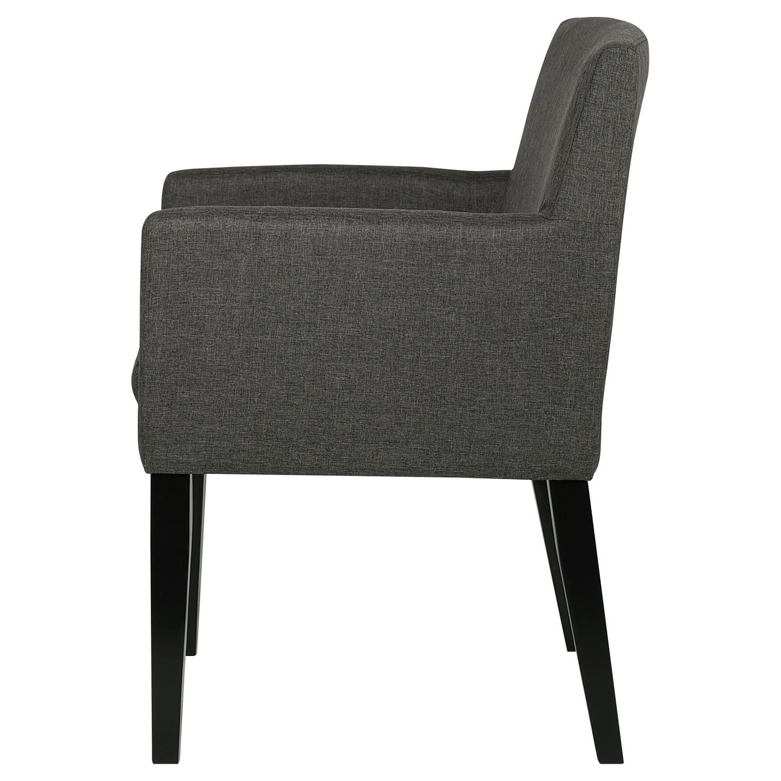 Grey upholstered dining arm chair with wooden frame