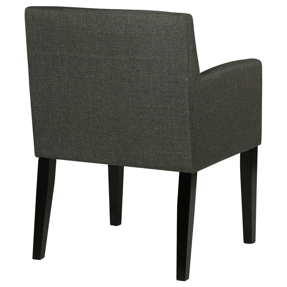 Grey upholstered dining arm chair with wooden frame