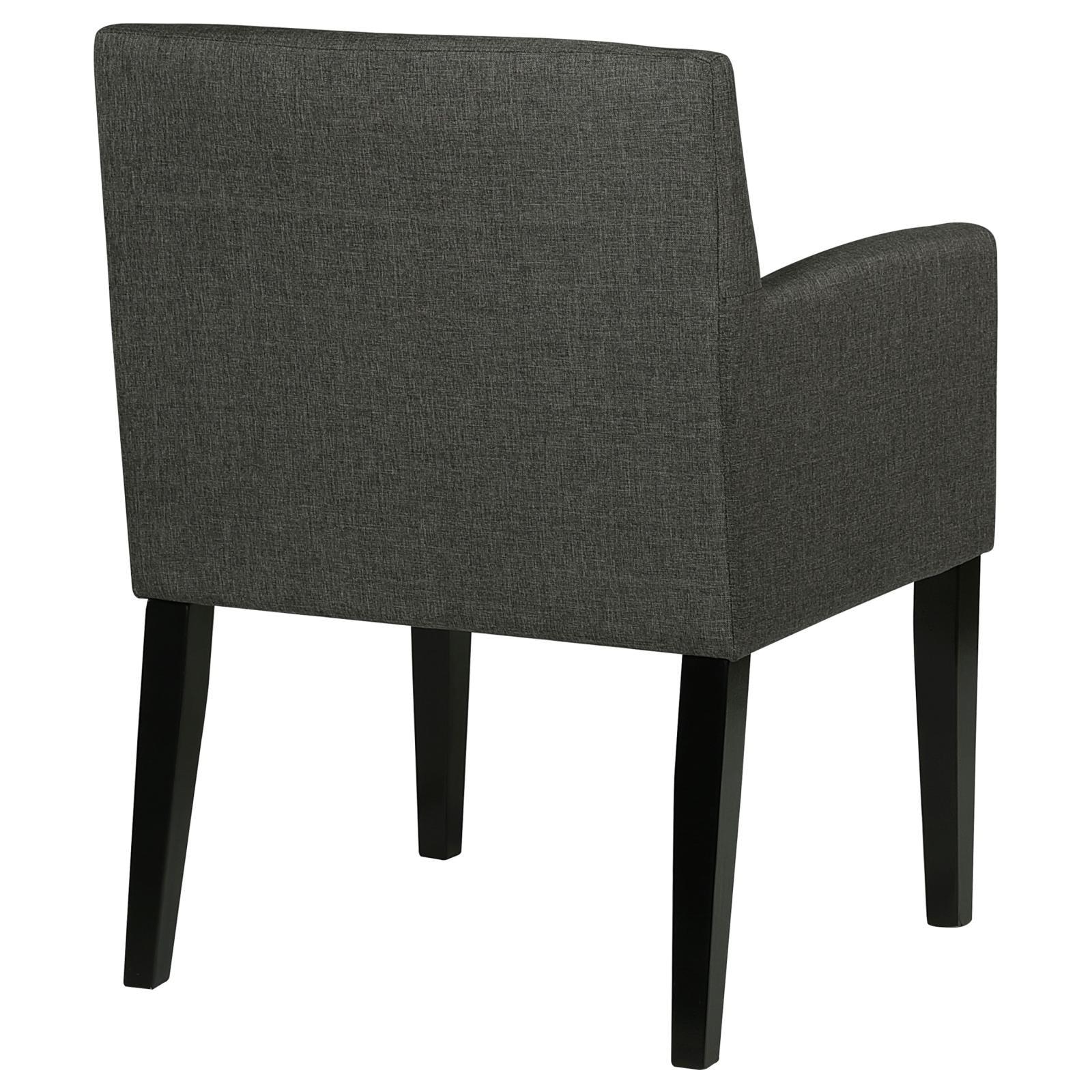 Grey upholstered dining arm chair with wooden frame
