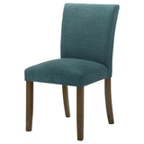 Cantley Upholstered Dining Side Chair Blue, brown wood legs detail