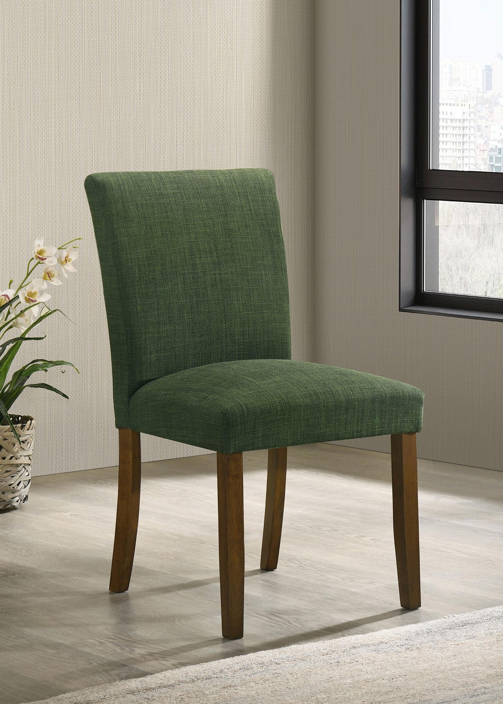 Cantley side chair green upholstery and brown wood legs