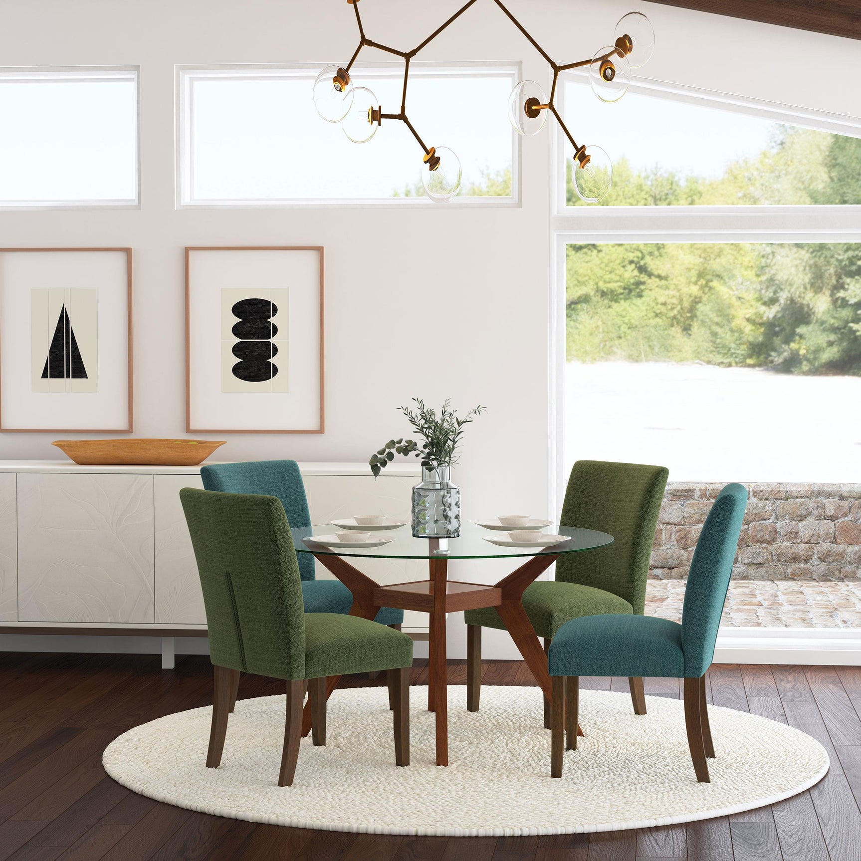 Cantley chairs set of two with green fabric and brown legs