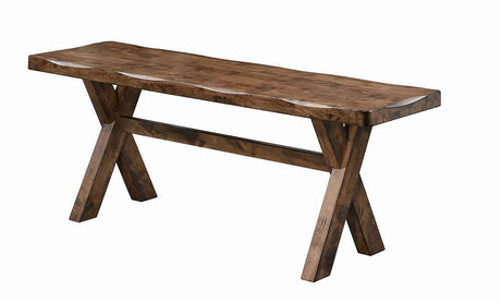 Alston X-shaped dining bench in knotty nutmeg finish, front angle