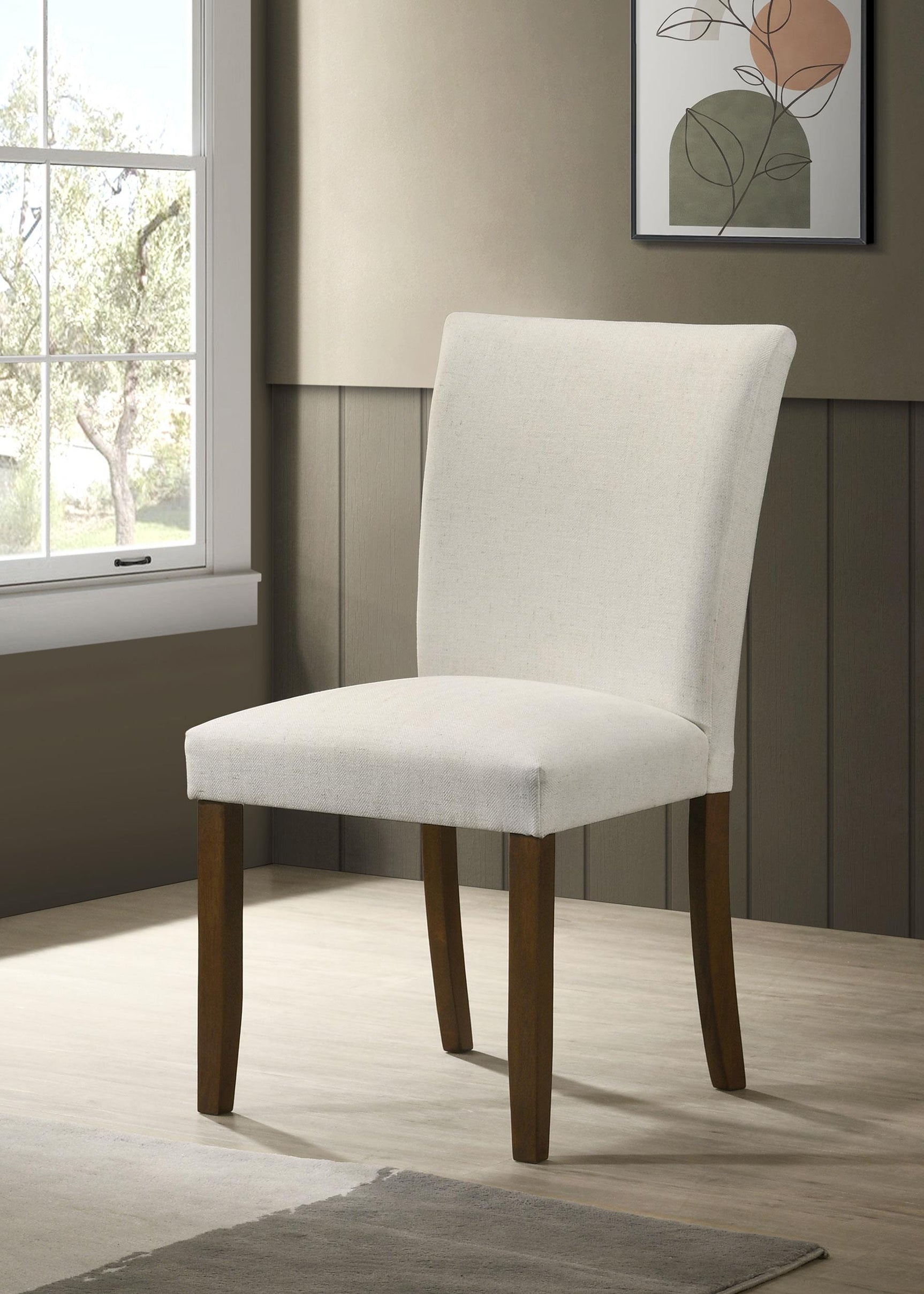 Side view of Cantley beige upholstered dining chair