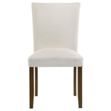 Close-up on beige fabric and foam cushion of Cantley side chair