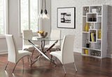 Beckham Round Dining Table with clear glass top and chrome base, angled side view