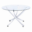 Beckham Round Dining Table with clear glass top and chrome base, front view