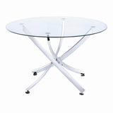 Beckham Round Dining Table with clear glass top and chrome base, front view