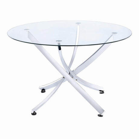 Beckham Round Dining Table with clear glass top and chrome base, front view