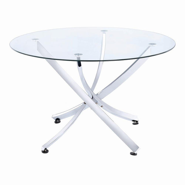 Beckham Round Dining Table with clear glass top and chrome base, front view