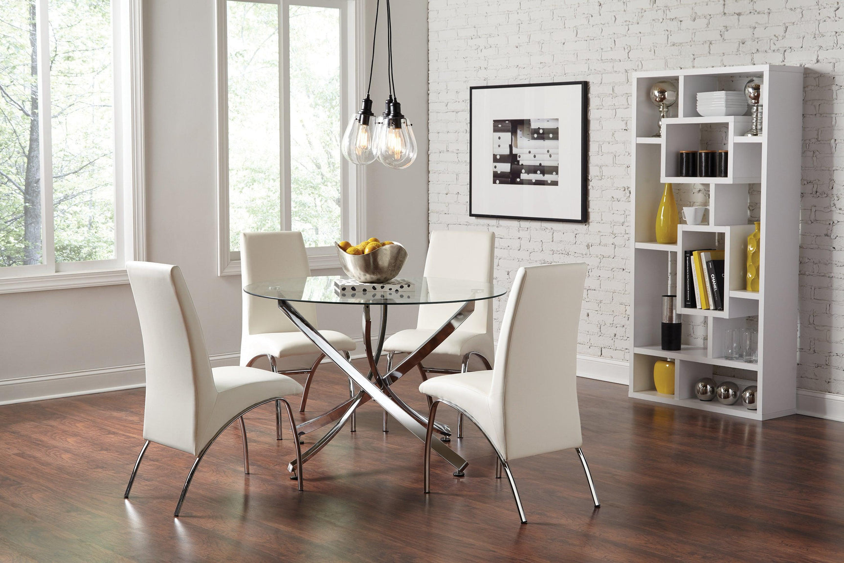 Close-up detail of Beckham Chrome and Clear Round Dining Room Set chrome and clear glass